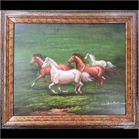 Artist Signed Oil On Canvas Of Horses
