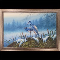 A Very Nice Unsigned Oil On Canvas Of Herons