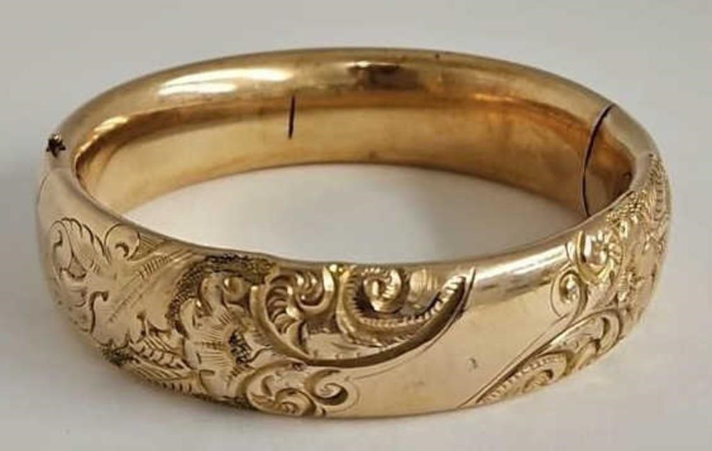 Antique Gold Filled 3/4”W Fancy Embossed Bracelet