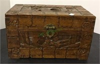 Carved wooden dresser chest with oriental scene