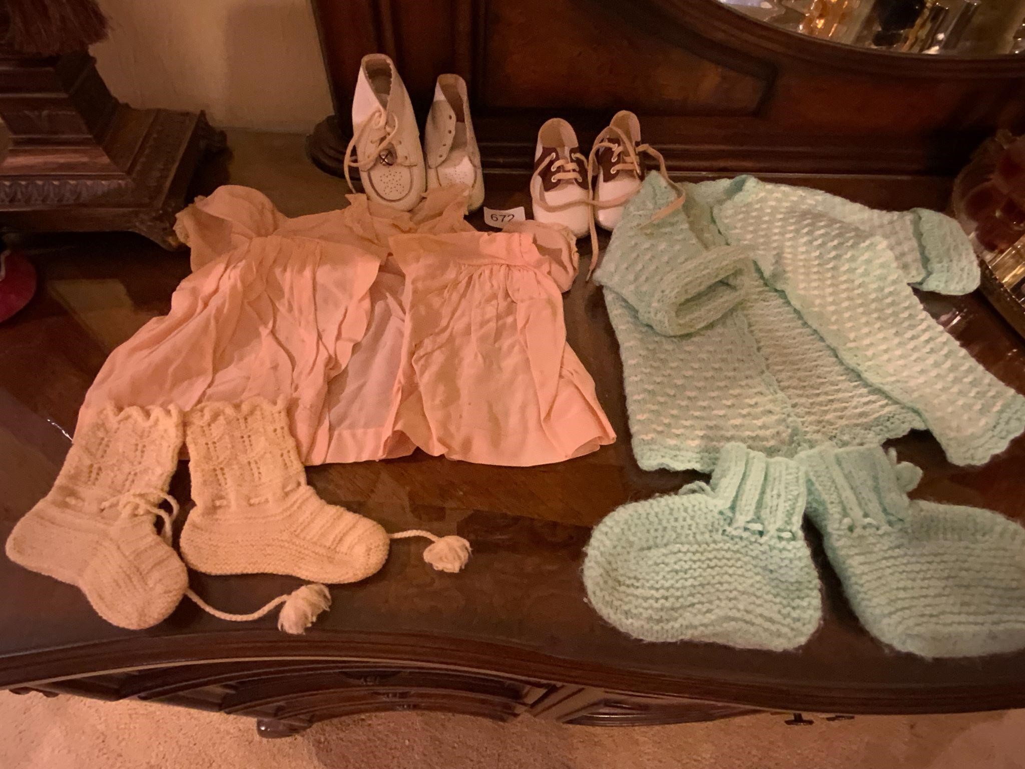Vintage Baby Clothes Blanket & Shoes