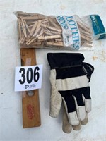 Clothes Pins, Gloves & Wooden Level