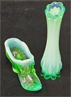 Green Opalescent Glass Vase & Slipper