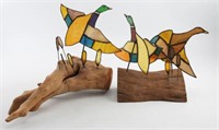 Two Stained Glass Mallards on Driftwood