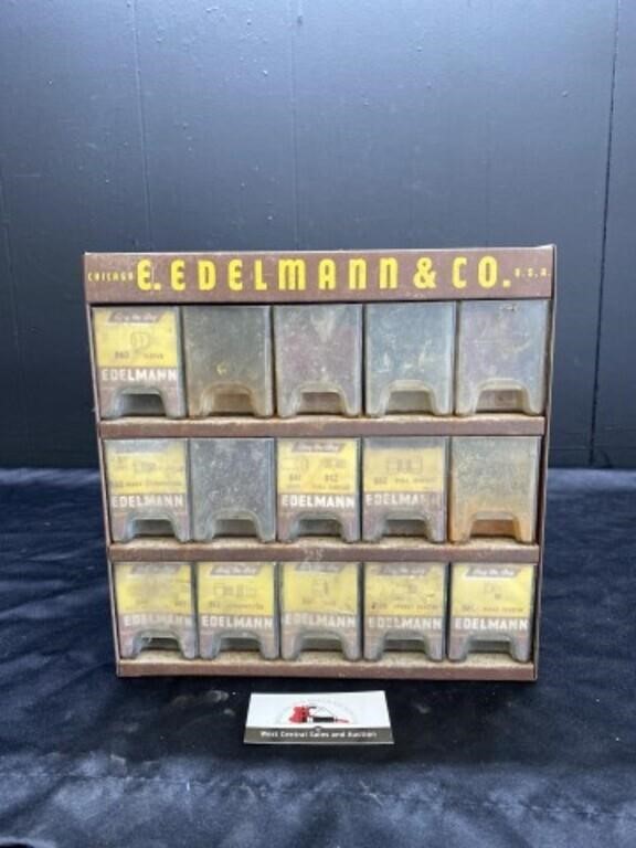 Vintage metal Edelman & Co. parts cabinet