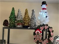 Snowman tree, wreath, and shiny trees- all
