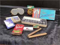 Dominoes, ruler, cards, tin and misc