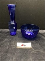 Blue glass vase and bowl