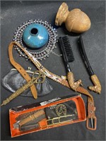 NECKLACE, ANTIQUE SCISSORS, BRUSH & SHOE HORN