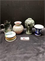 Misc vases, glass mug and tin