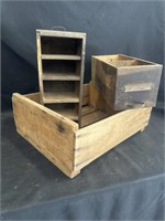 WOODEN CRATE AND DRAWERS