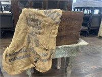 WOODEN COFFEE CRATE AND ROLLED OATS SACK