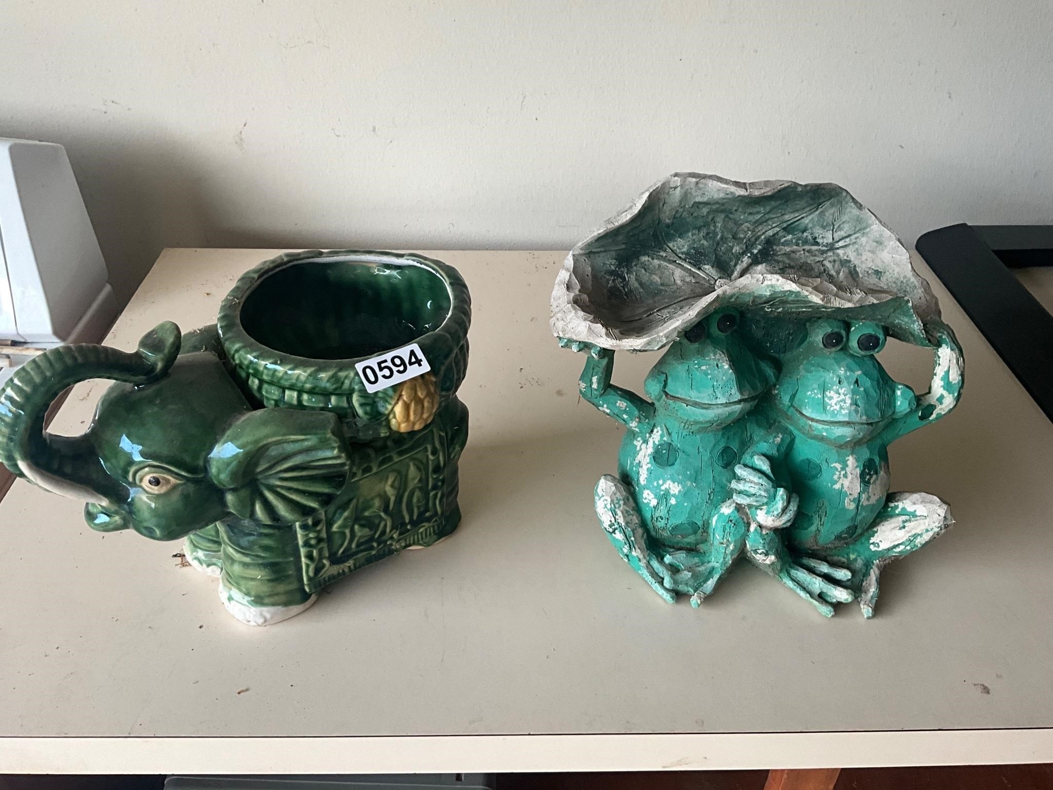 Two plant holders- ceramic elephant, plastic frogs