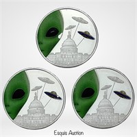 3- 2023 Highland Mint 1oz Alien- UFO Silver Rounds