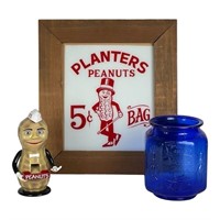 Planters Peanuts - Glass Sign, Cobalt Blue Jar