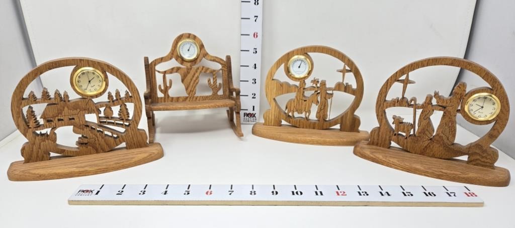(4) Cut Wood Decorative Clocks & Thermometers
