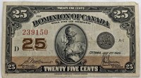 1923 .25 CENTS CAD BANK NOTE