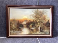 Sunset Forest Lake and Mountain Framed Painting