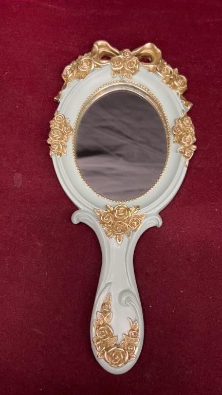10" Vintage Green and Gold Mirror with Handle