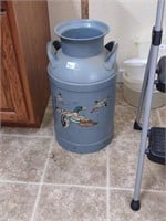 Large painted milk can, no lid. Decals on one