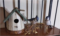 Birdhouse decor, pair of blue jay metal and resin