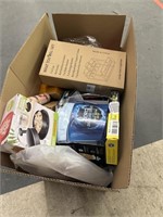 Huge box of kitchen and bath supplies, gadgets,
