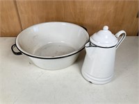 White enamel coffee pot & Bowl