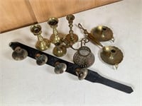 Brass candle holders & sleigh/door bells