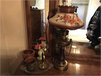 Table light, brass candle stand, and