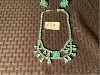 Vintage Aqua Rhinestone Necklace & Earrings
