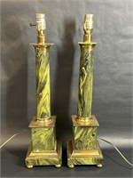 Two Matching Faux Green Marble Column Lamps