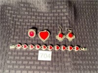 Sterling Silver & Red Coral Heart Bracelet Ring