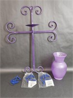 Cross Candle Holder/Purple Vase/Crochet Wall Hooks