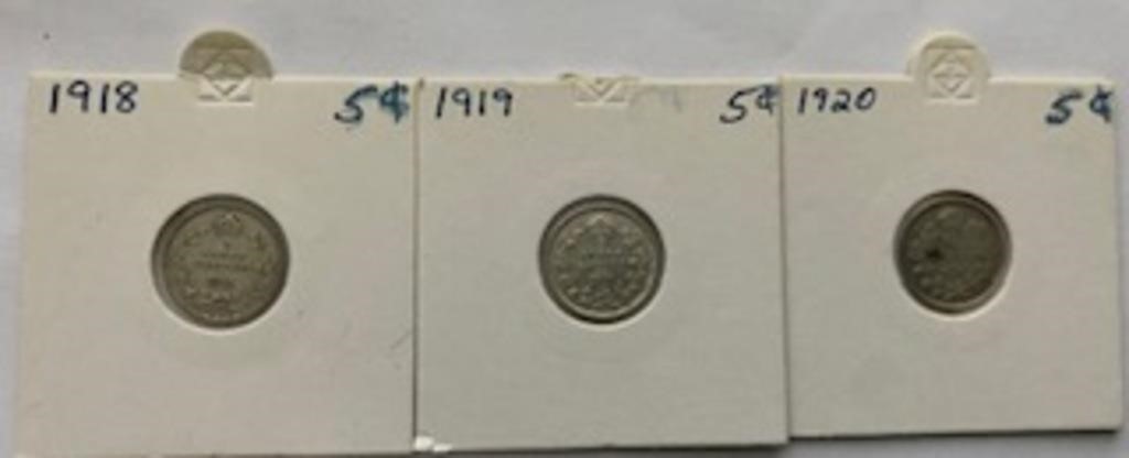 3 Canadian .5c Coins-Years-1918,1919,1920