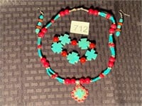 Turquoise & Red Coral Necklace Earrings &