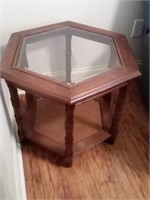Vintage Wooden Hexagon Nightstand Glass-Top