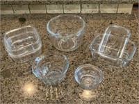 7 Various Glass Bowls - 1 Mixing, 2 Square, 2