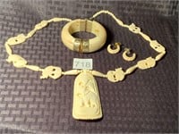 Carved Bone Elephant Necklace Bracelet Earrings