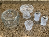5 Glass Pieces - 2 Shakers, Stemmed Bowl, Jar w/