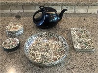 14 Pieces - Oriental Floral Trays & Black Teapot