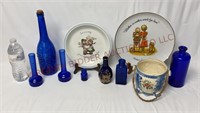 Blue Glass Bottles & Vases, Biscuit Jar & Plates