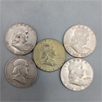(5) 1949-1962 Franklin 90% Silver Half Dollars