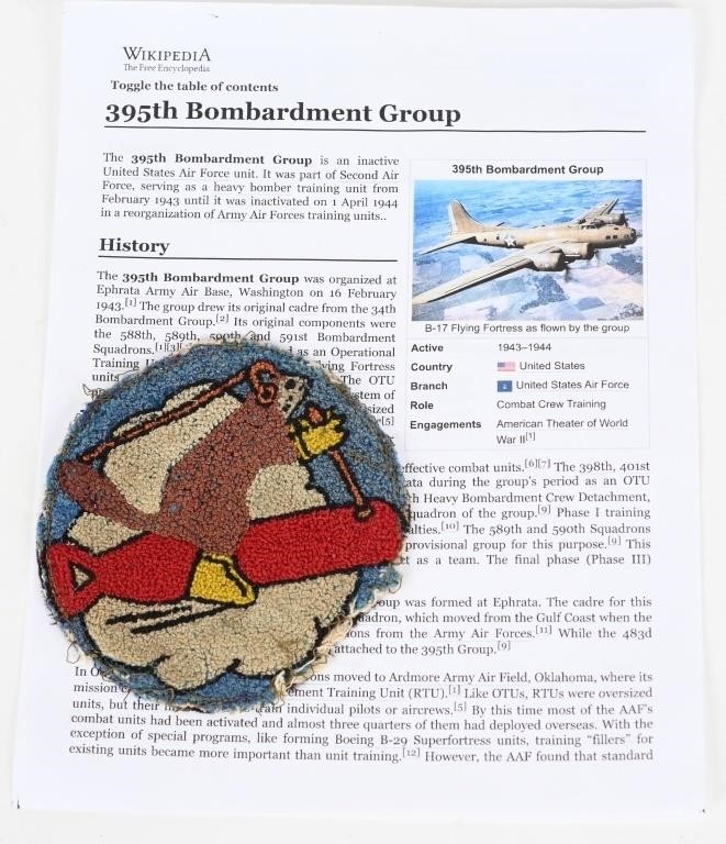 WWII US ARMY AIR CORPS 395TH BOMB GROUP PATCH WW2