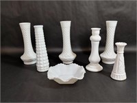 Diamond Design Milk Glass Bud Vases & Bowl