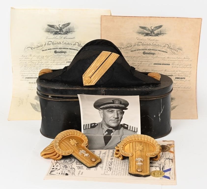 US NAVAL OFFICER GROUPING W CASED FORE & AFT HAT