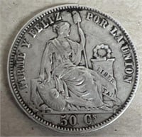 1859 silver REPUBLICA PERUANA LIM 9 DECSFINO 50