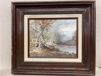 Painting of trees and lake on canvas