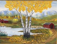 Painting on board of Barns, signed SHELL