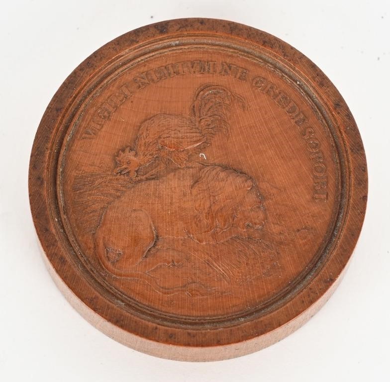 CARVED WOOD SATIRICAL MEDAL LION PROTECTING COCK