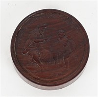 CARVED WOOD SATIRICAL MEDAL CUPID SHARPENING ARROW